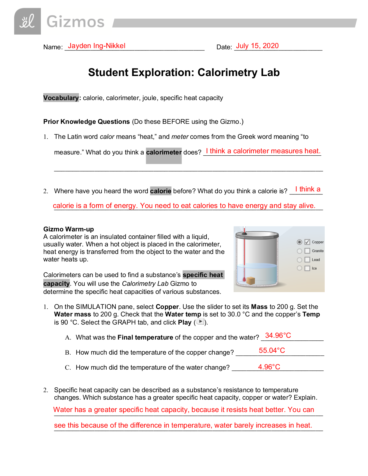 Calorimetry lab gizmo student Exploration mid 2020 verified answers
