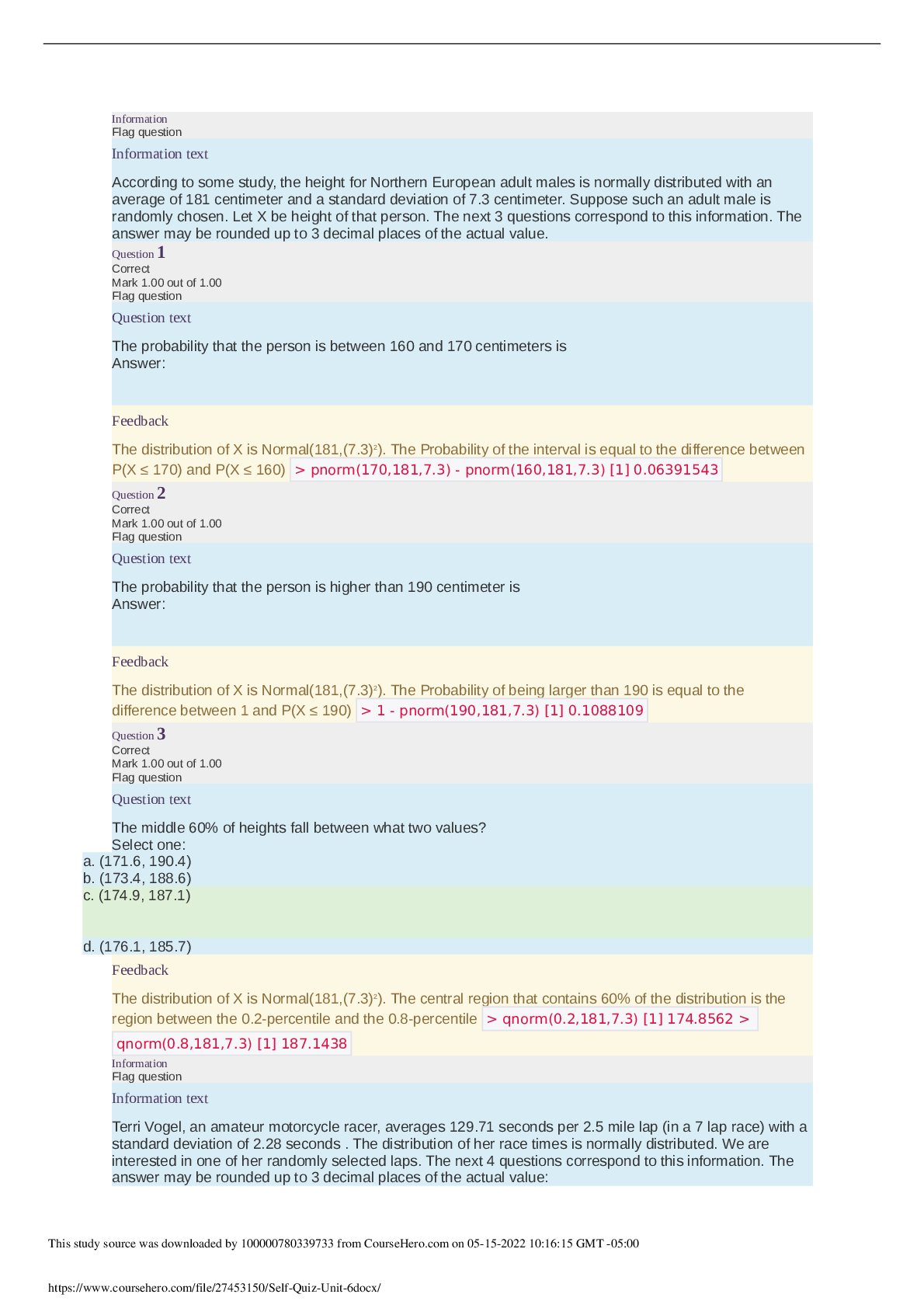 Self-Quiz Unit 6 Answers Introduction to Statistics (MATH 1280 )
