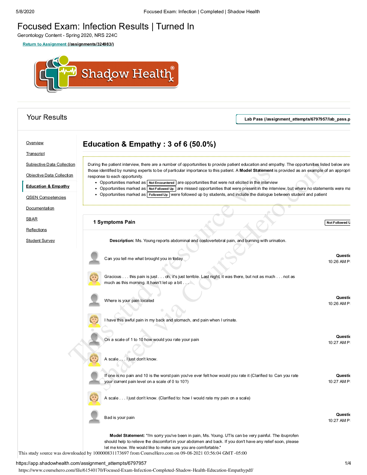Focused Exam: Infection,Patricia Young,Completed | Shadow Health -Gerontology Content - Spring 2020, NRS 224C Revision questions with answers(Verified)