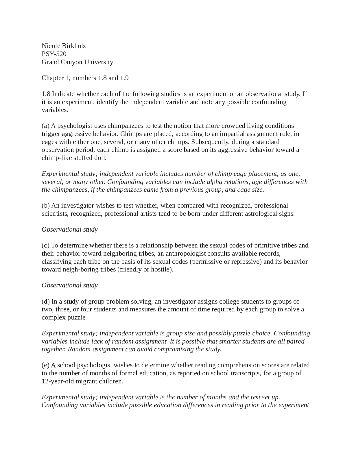 Statistics Homework PSY-520 Grand Canyon University