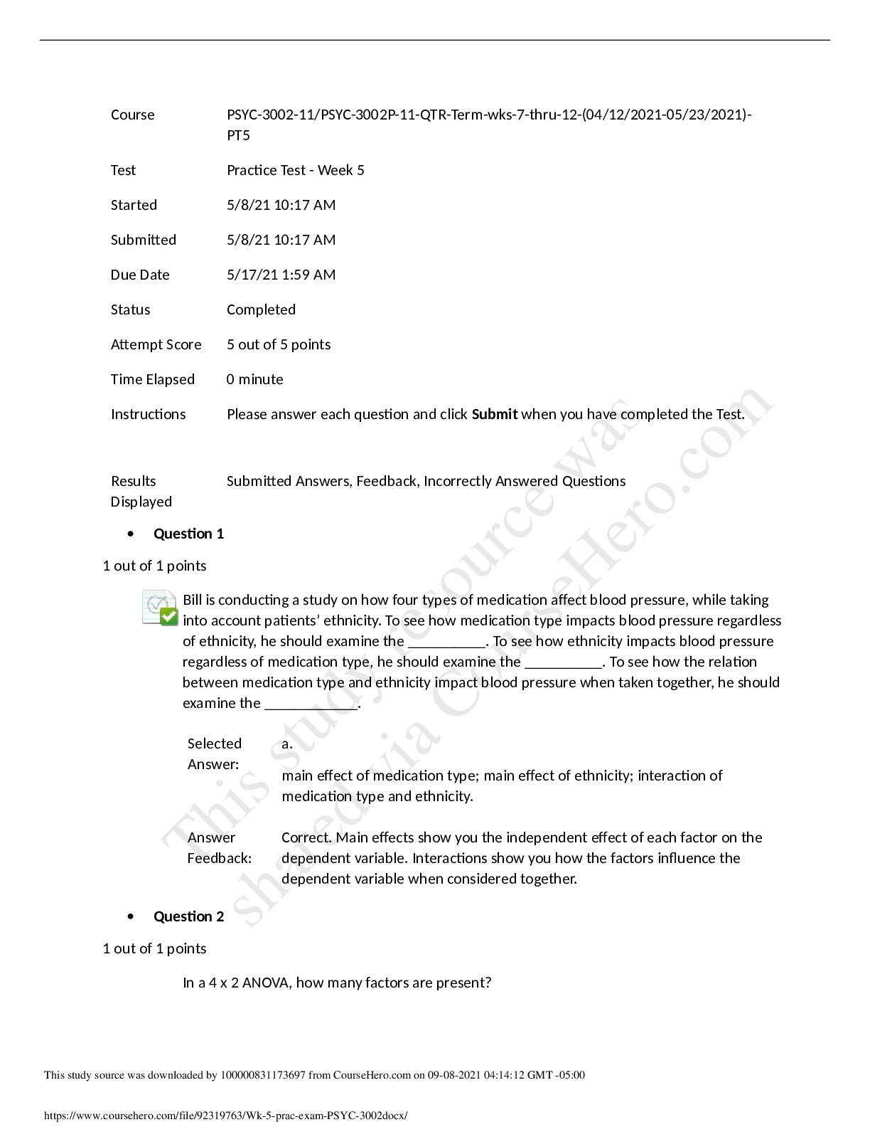 Week 5 practice test exam PSYC 3002 with answers and feedback (5 questions) for revision