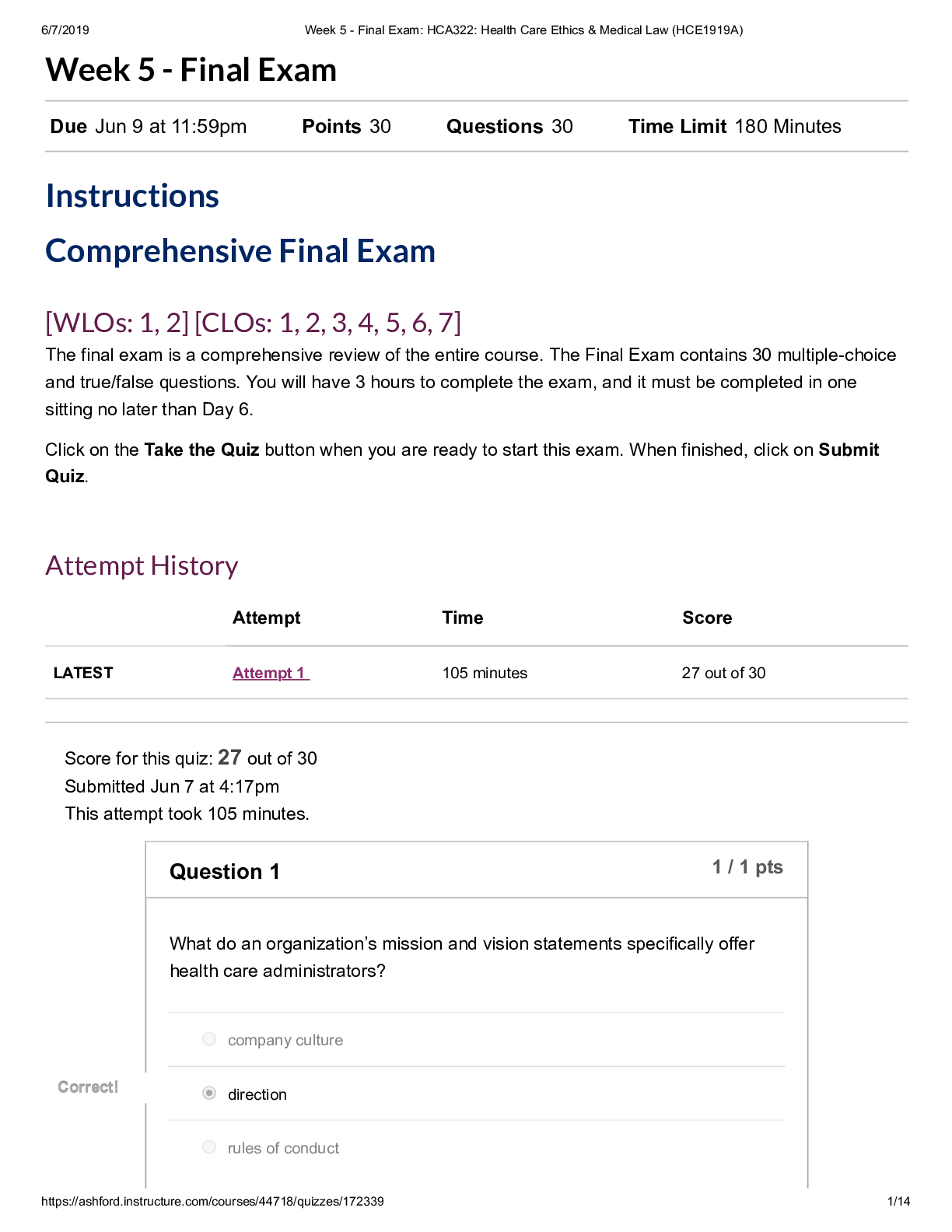 Week 5 - Final Exam HCA322 Health Care Ethics & Medical Law (HCE1919A)