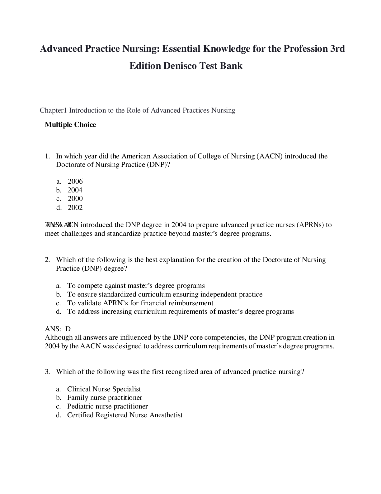 Advanced Practice Nursing Essential Knowledge for the Profession 3rd Edition Denisco Test Bank