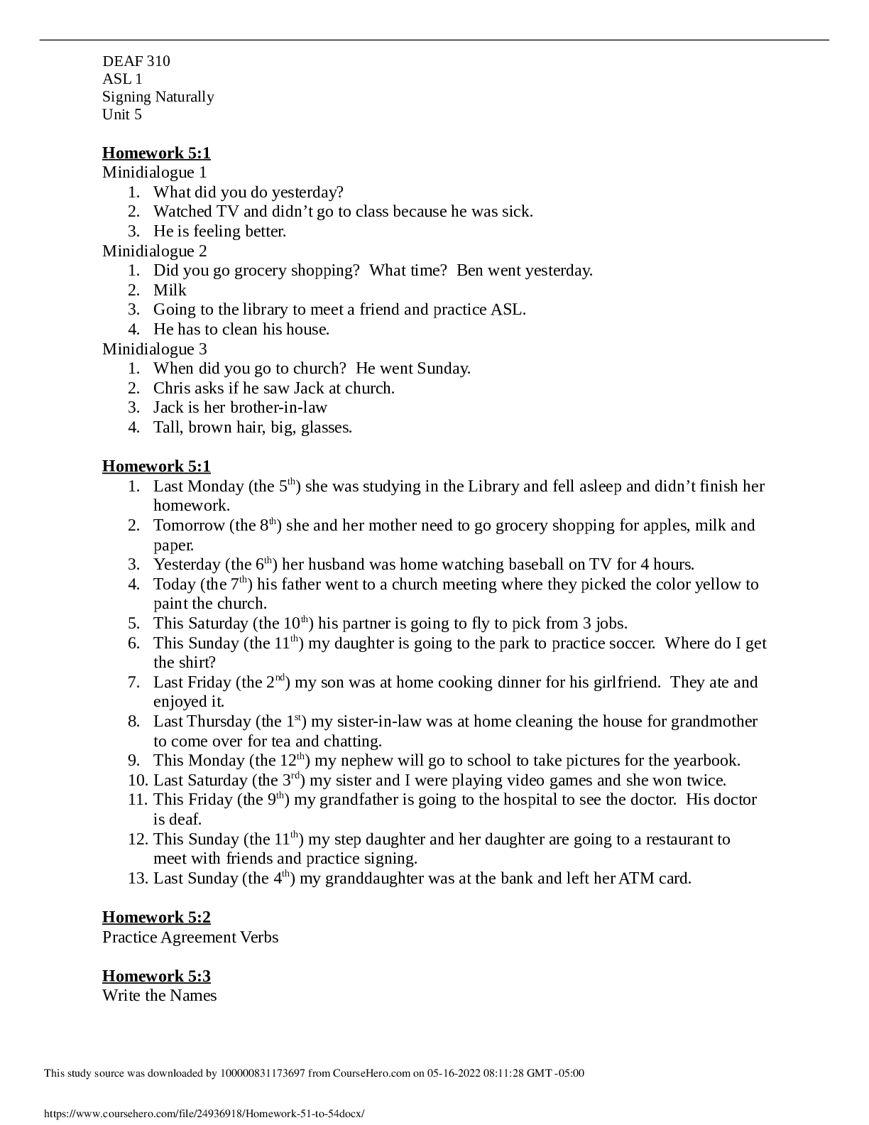 DEAF 310 ASL 1 Signing Naturally Unit 5 Homework 5:1 Minidialogue 1