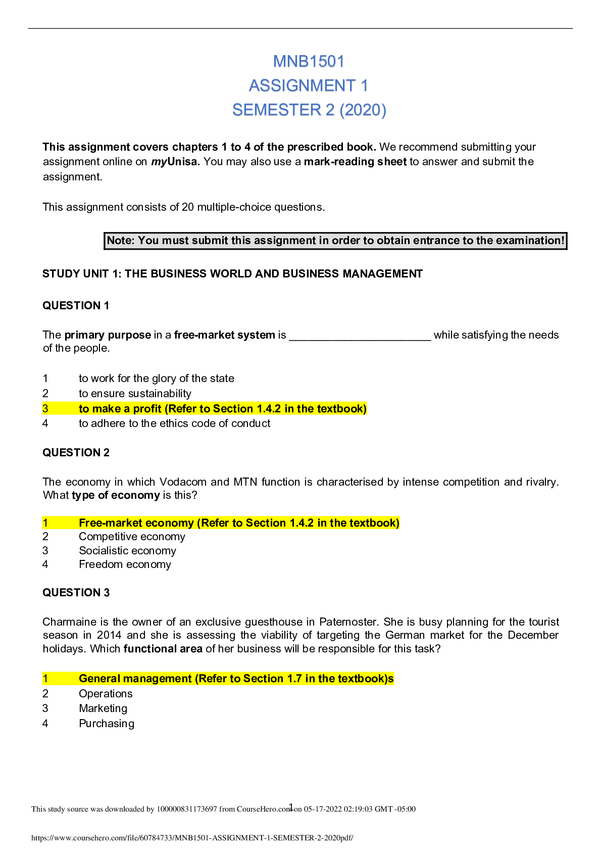 MNB1501 ASSIGNMENT 1 SEMESTER 2 (2020)