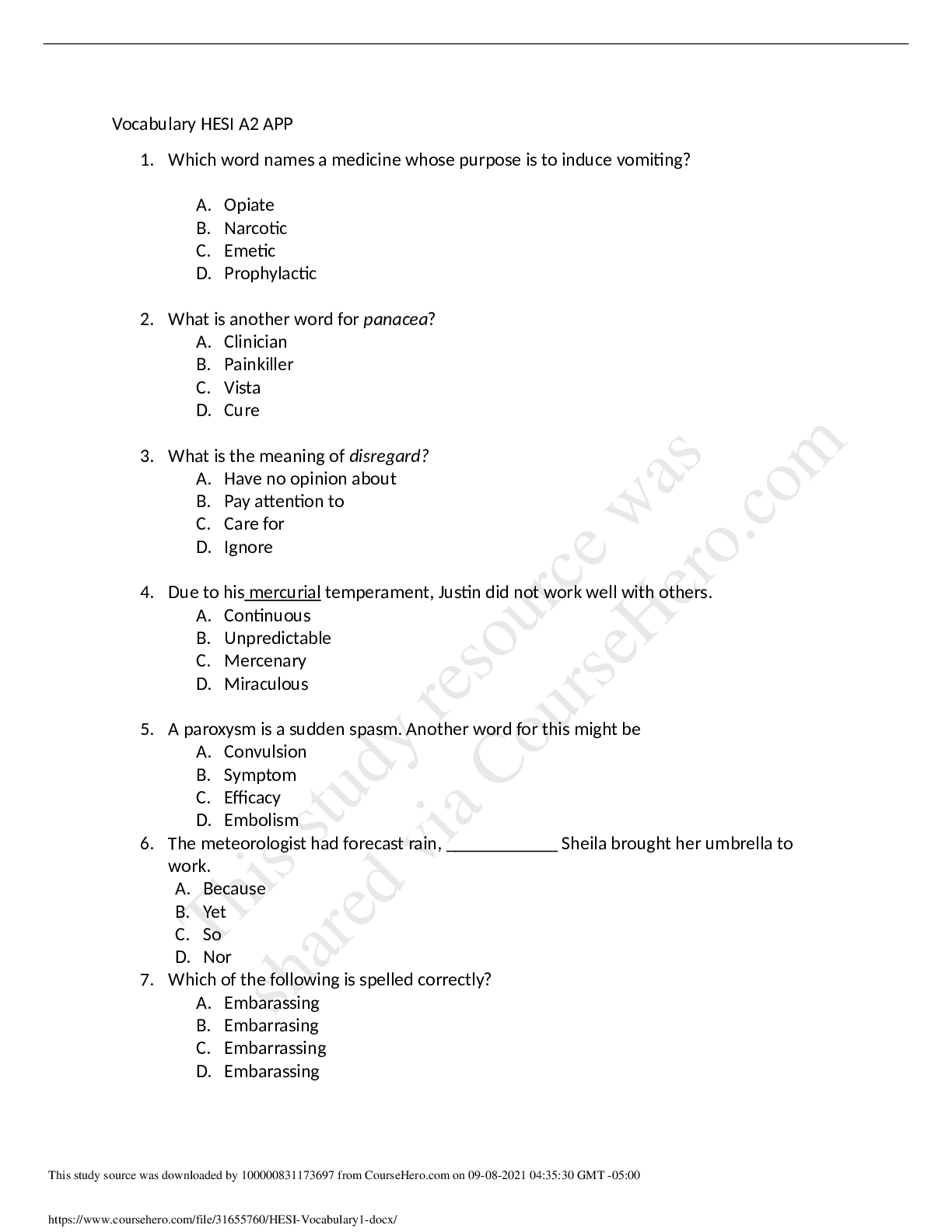 HESI A2 Vocabulary1 Exam revision questions with answers(Verified)