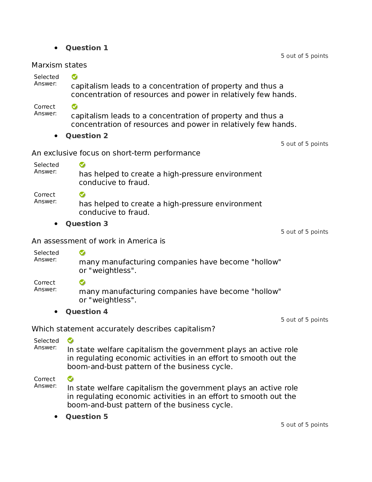 BUS 309 Week 5 Chapters 4 and 5 Quiz The Nature of Capitalism and Corporations