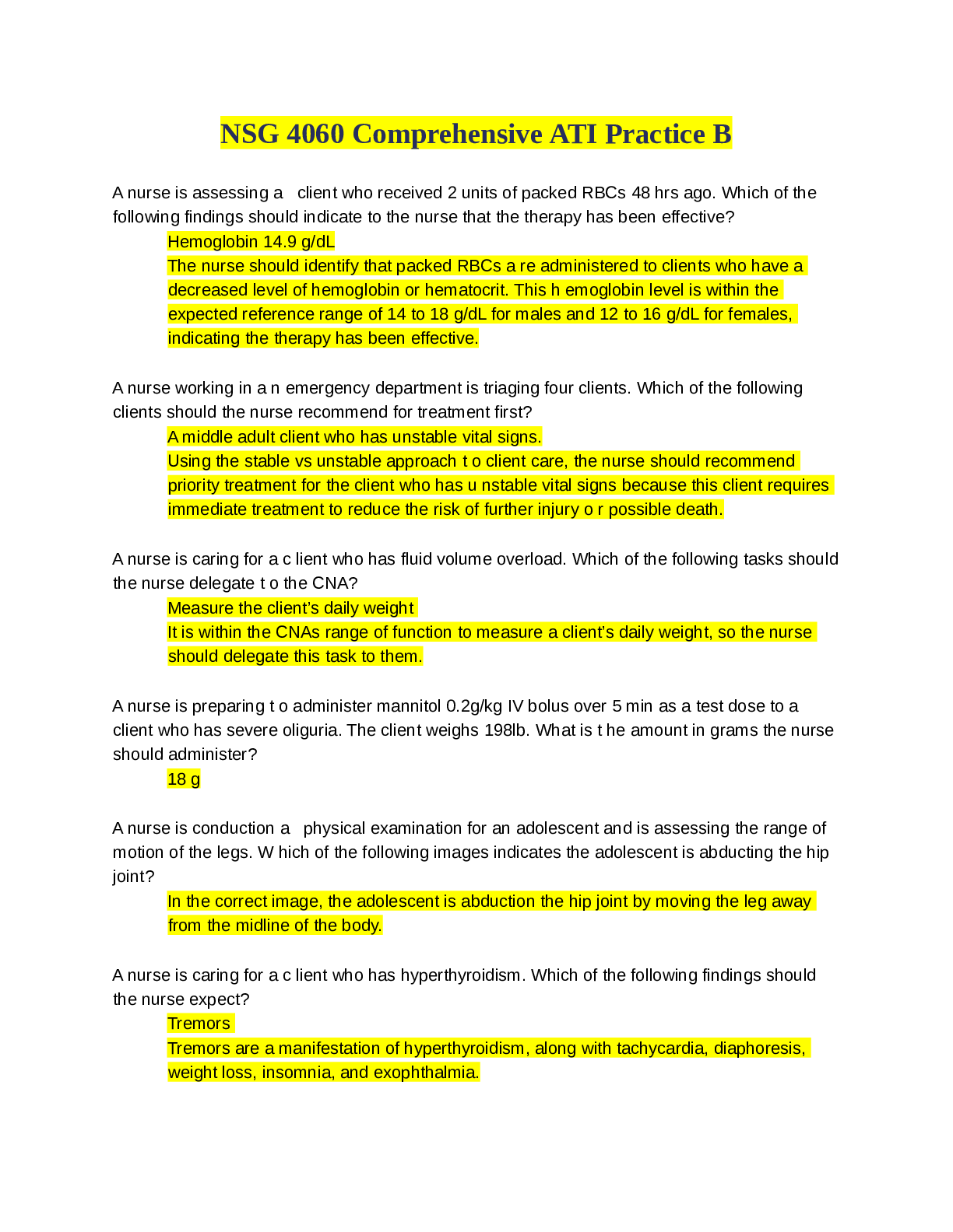 NSG 4060 Comprehensive ATI Practice B questions and answers