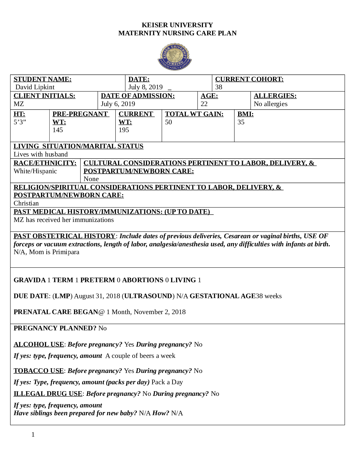 KEISER UNIVERSITY MATERNITY NURSING CARE PLAN
