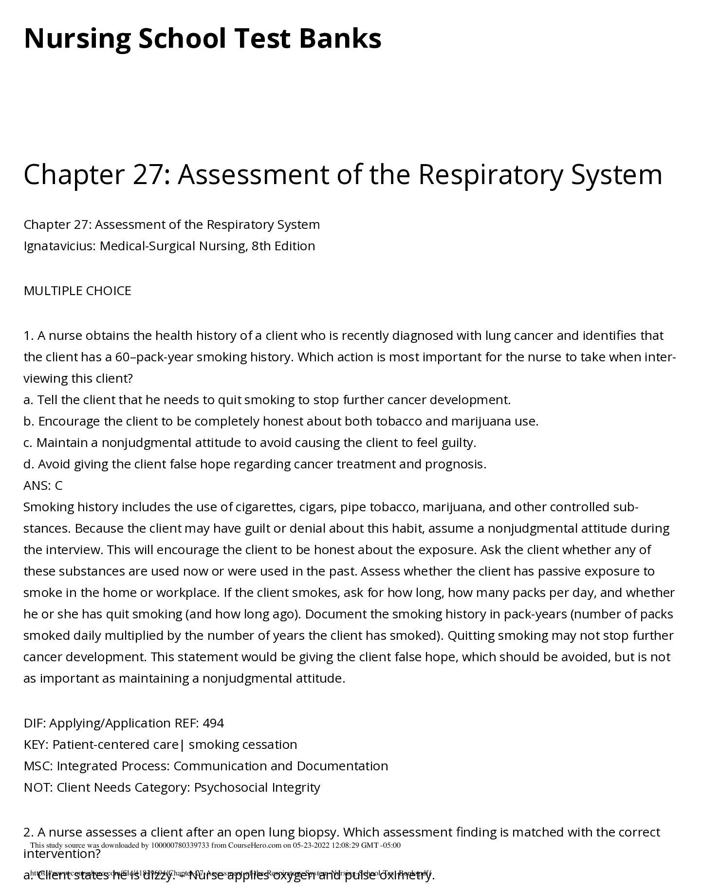 Assessment of the Respiratory System ( Chapter 27) Nursing School Test Banks
