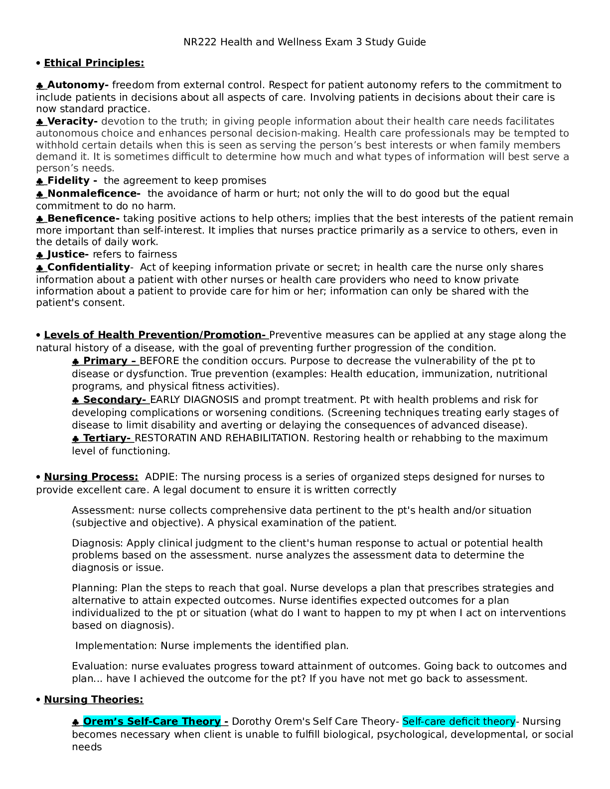NR222 Health and Wellness Exam 3 Study Guide
