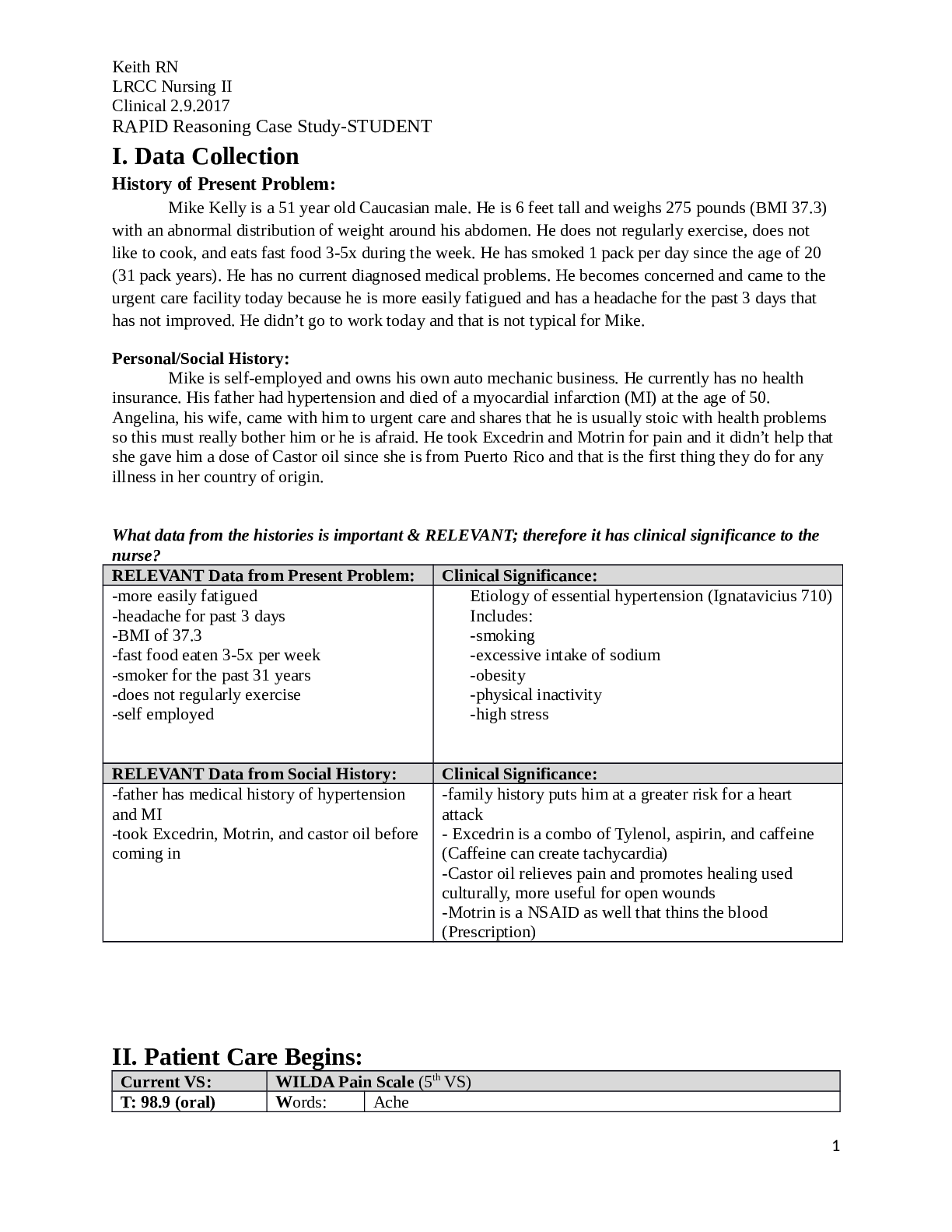 RAPID Reasoning Case Study  RN LRCC Nursing II Clinical 2.9.2017