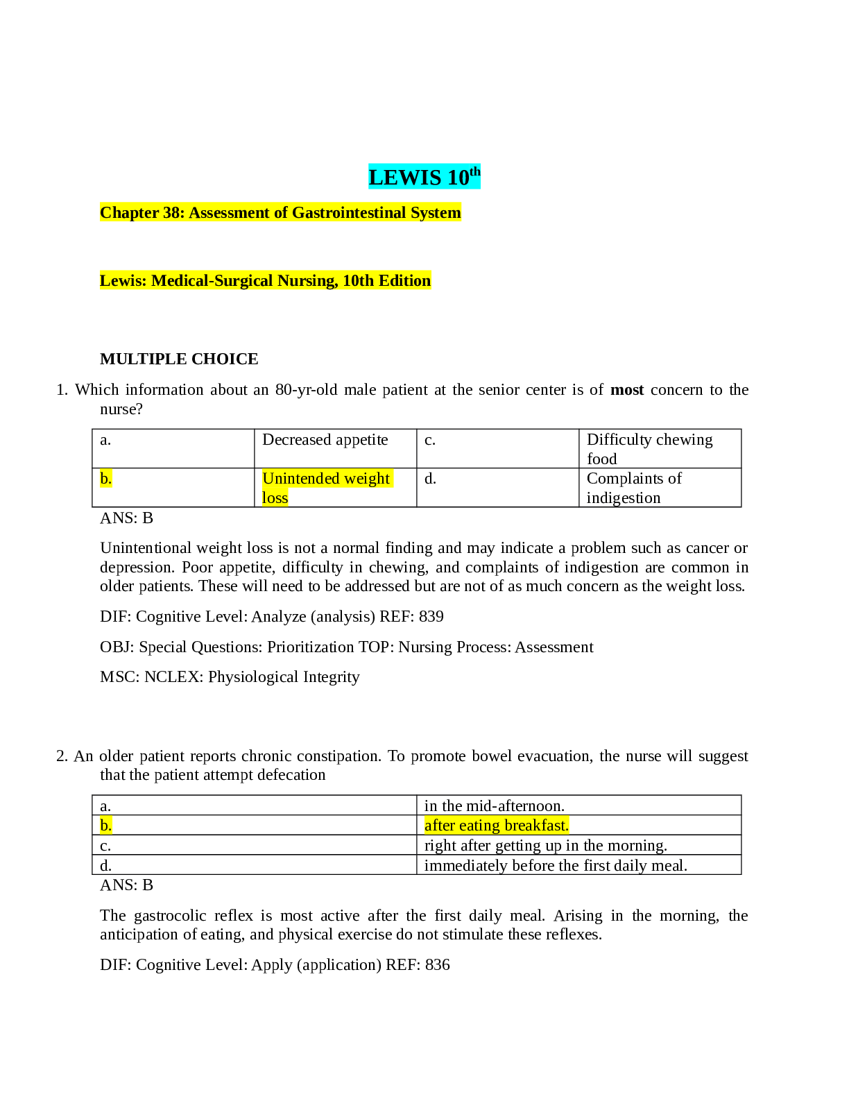 Assessment of Gastrointestinal System (Chapter 38) Medical-Surgical Nursing, 10th Edition by Lewis