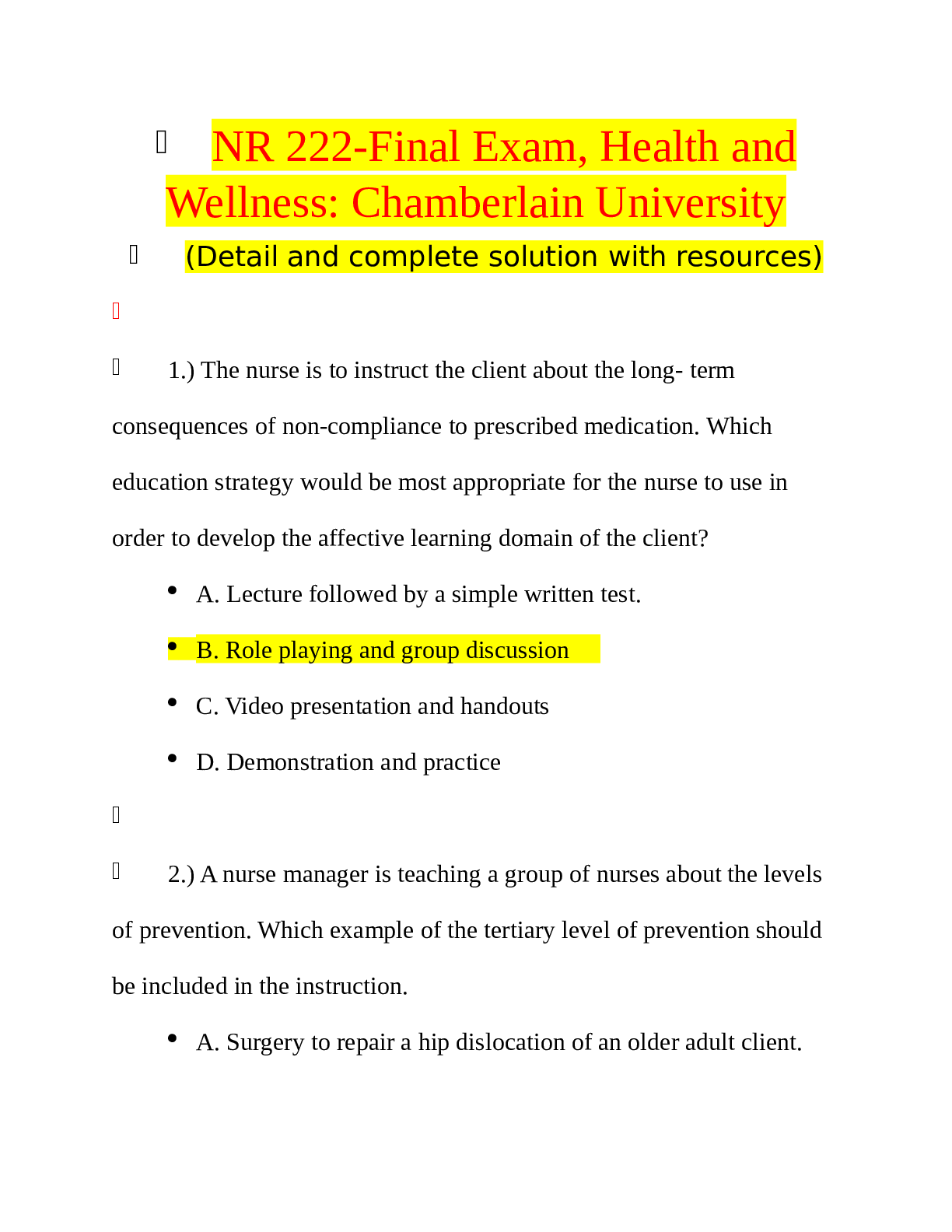 NR 222-Final Exam, Health and Wellness Chamberlain University (Detail and complete solution with resources)