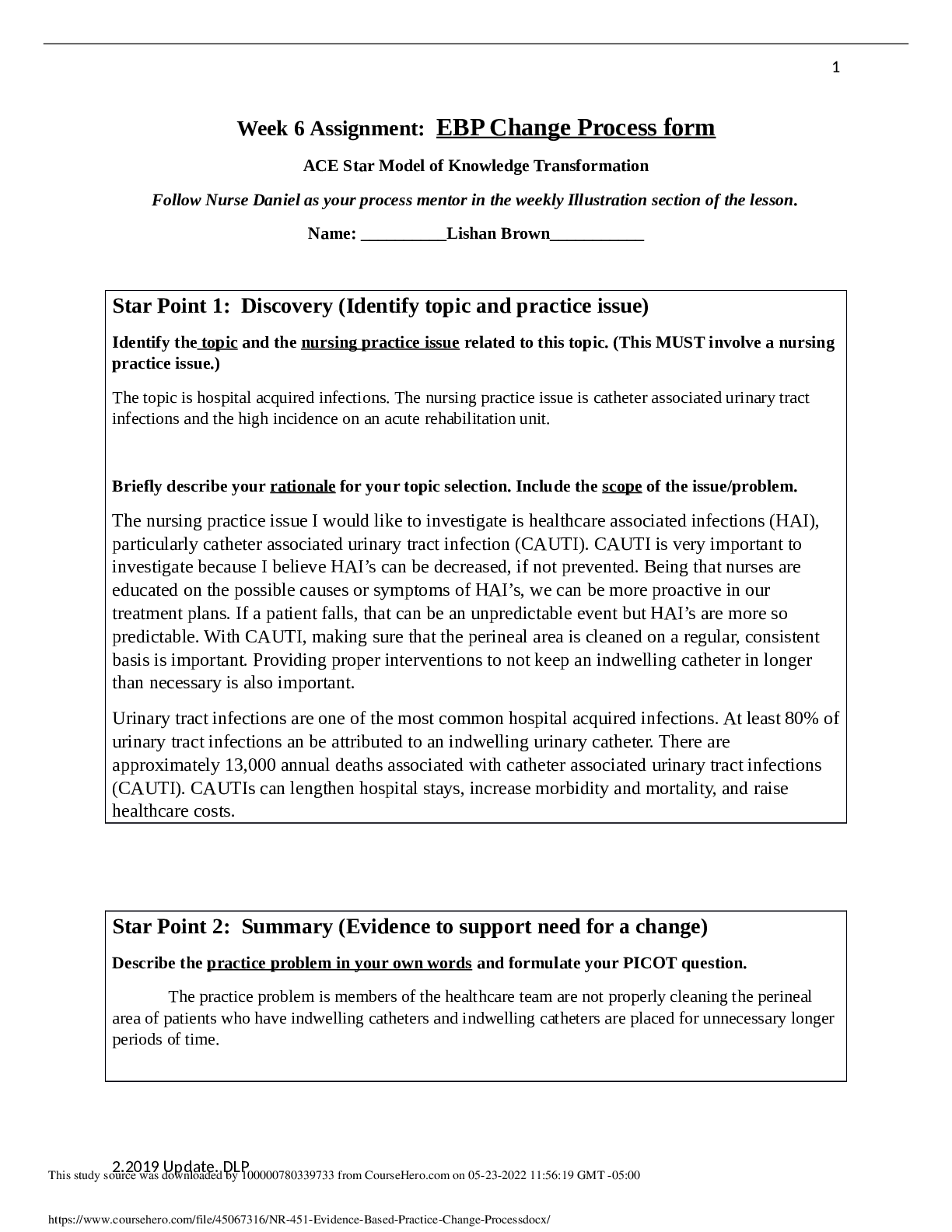 NR 451 Evidence Based Practice Change Process