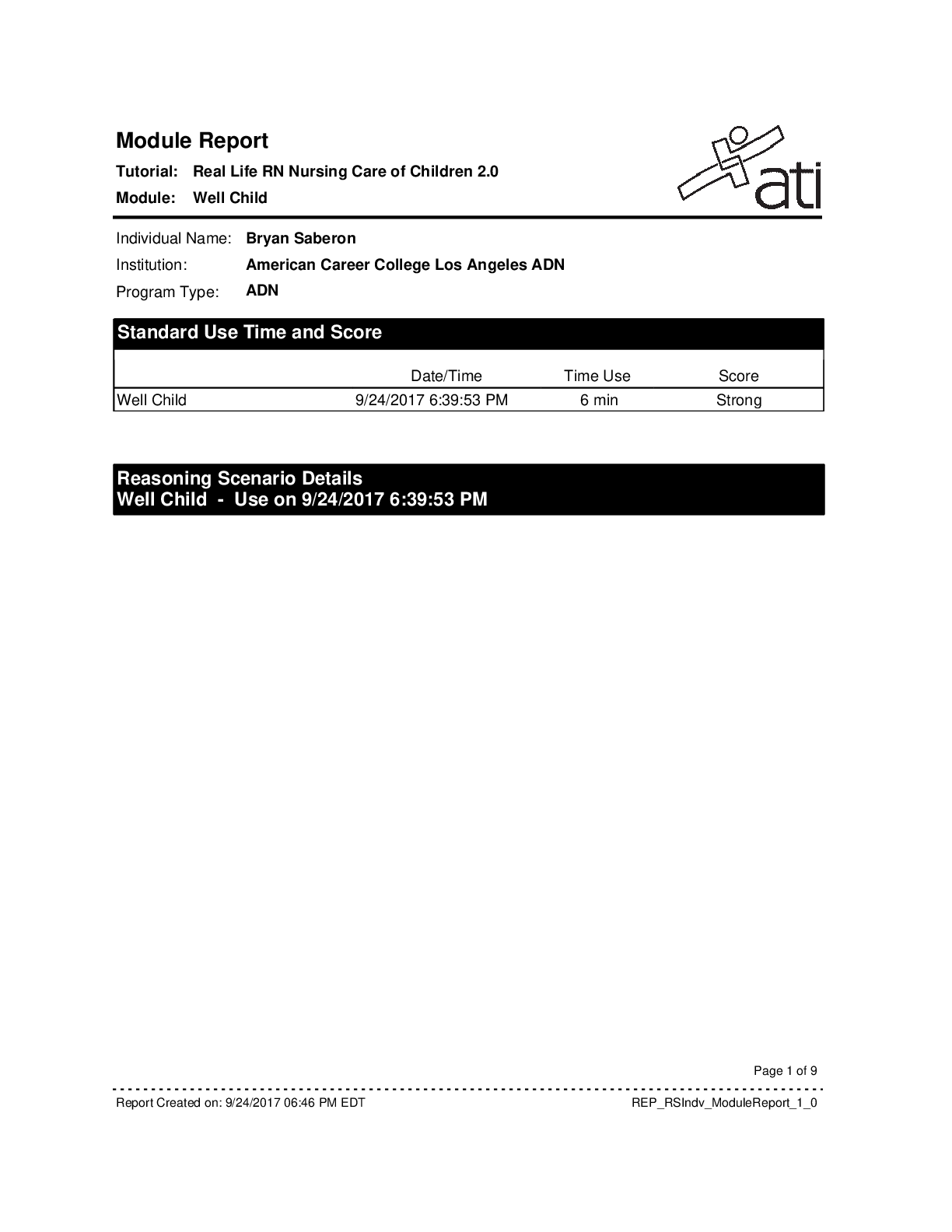 Real Life RN Nursing Care of Children 2.0 Module Report  (Well Child)