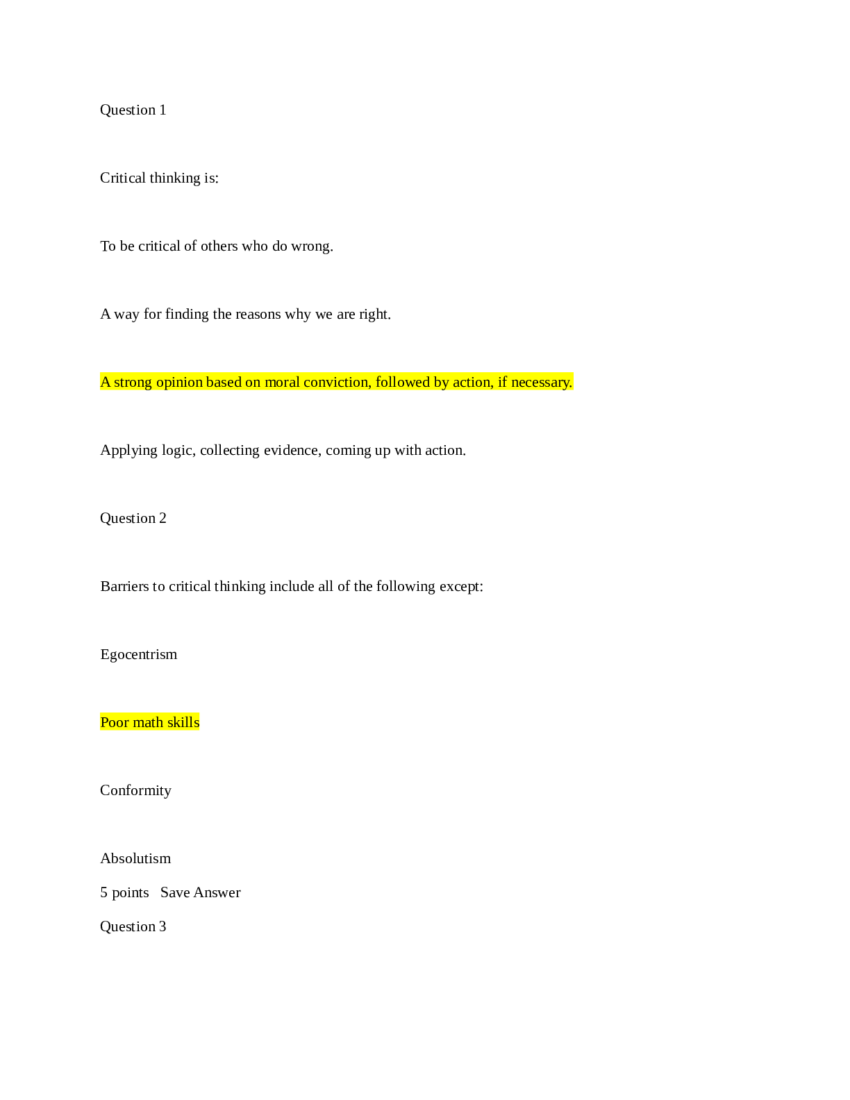 Critical Thinking Pretest