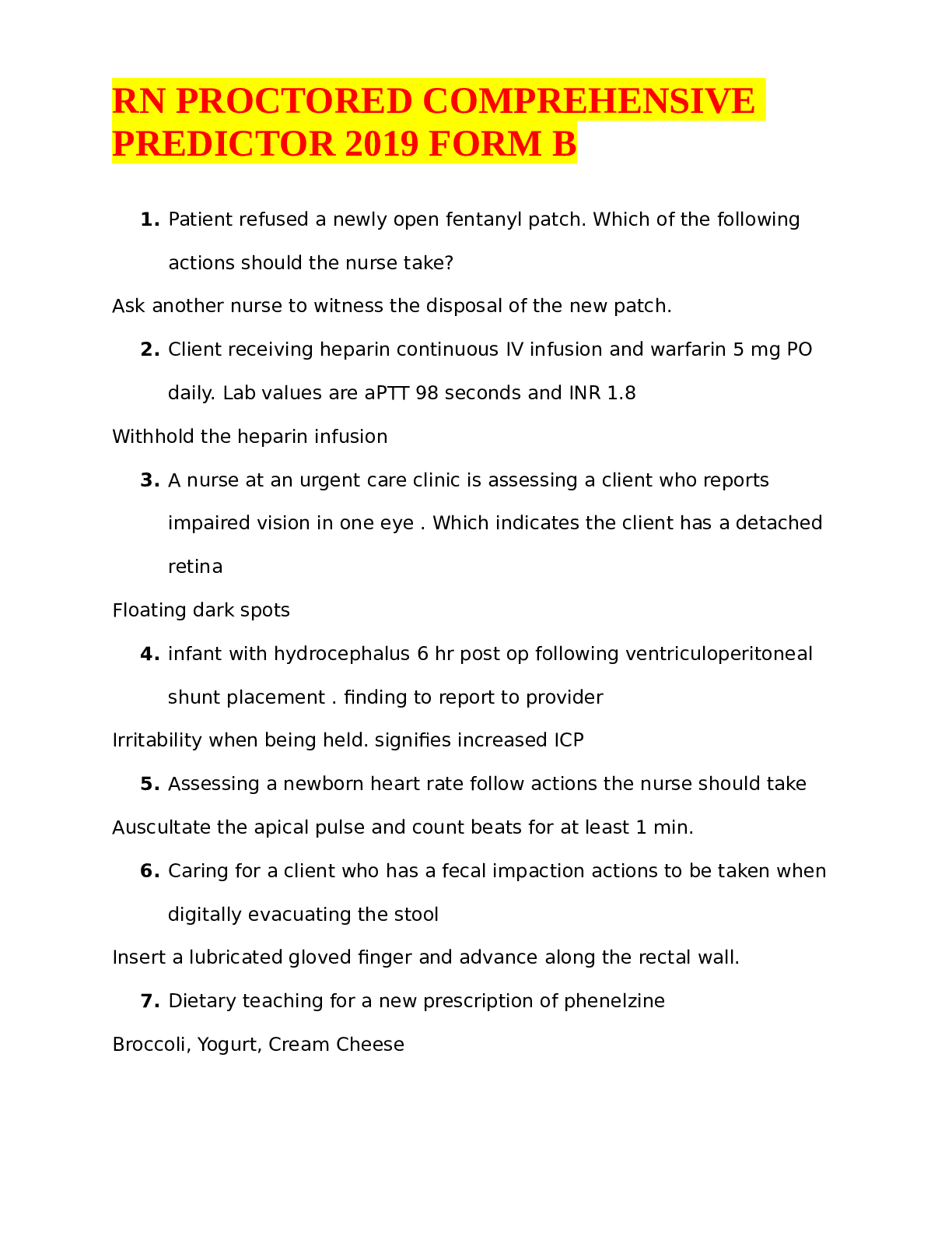 RN PROCTORED COMPREHENSIVE PREDICTOR 2019 FORM B