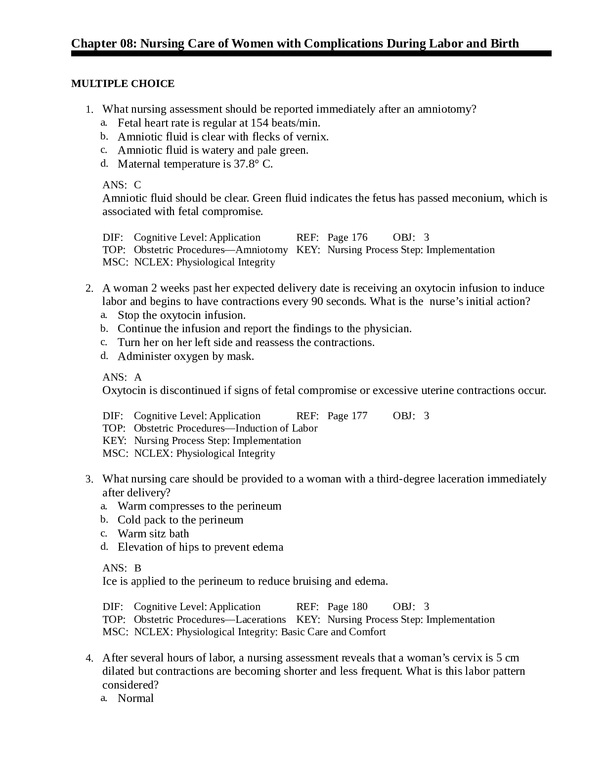 Nursing Care of Women with Complications During Labor and Birth (Chapter 08)