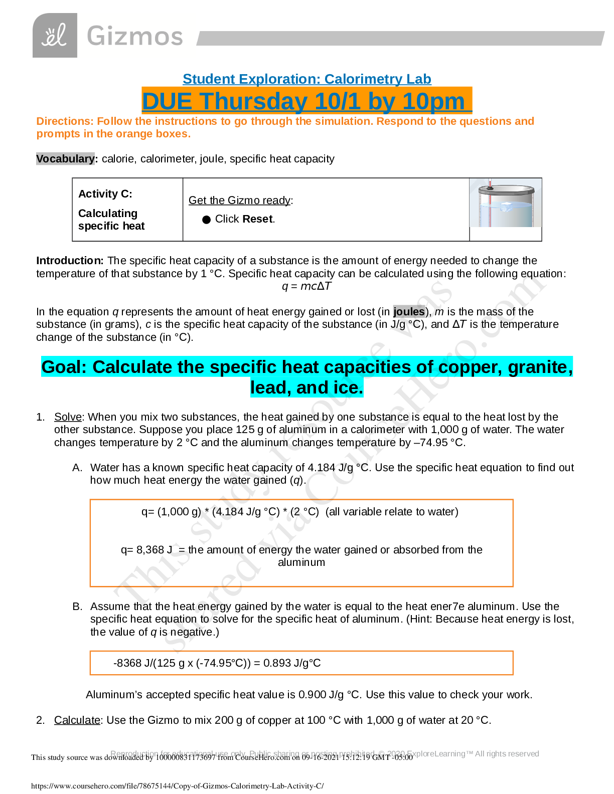 Gizmos Calorimetry Lab Activity C