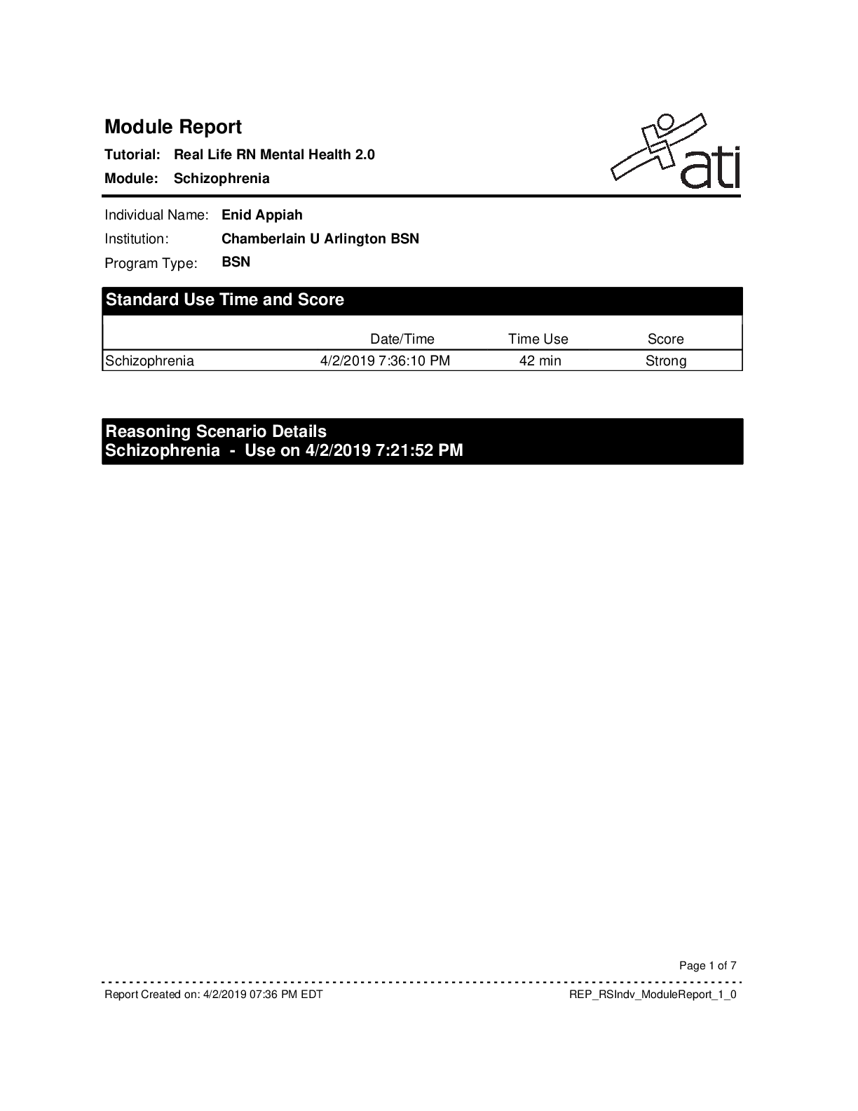 Real Life RN Mental Health 2.0 (Schizophrenia Module Report )
