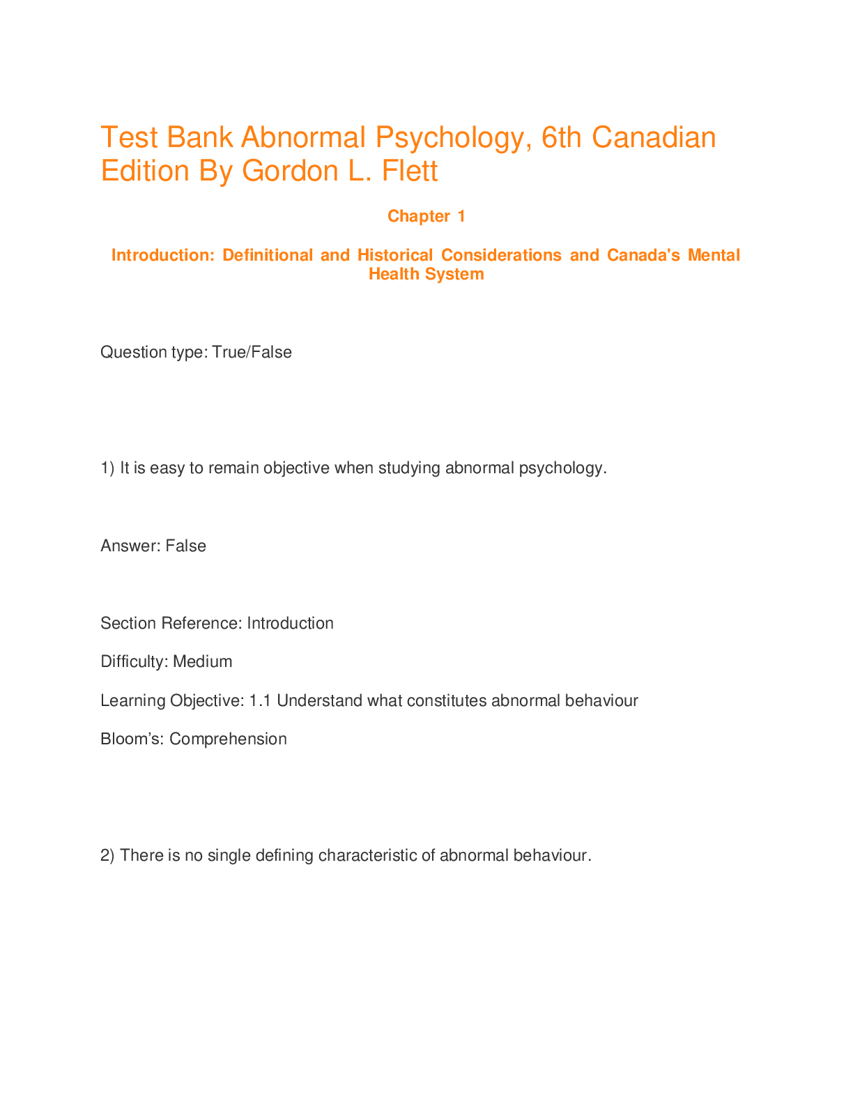 Abnormal Psychology, 6th Canadian Edition By Gordon L. Flett Test Bank