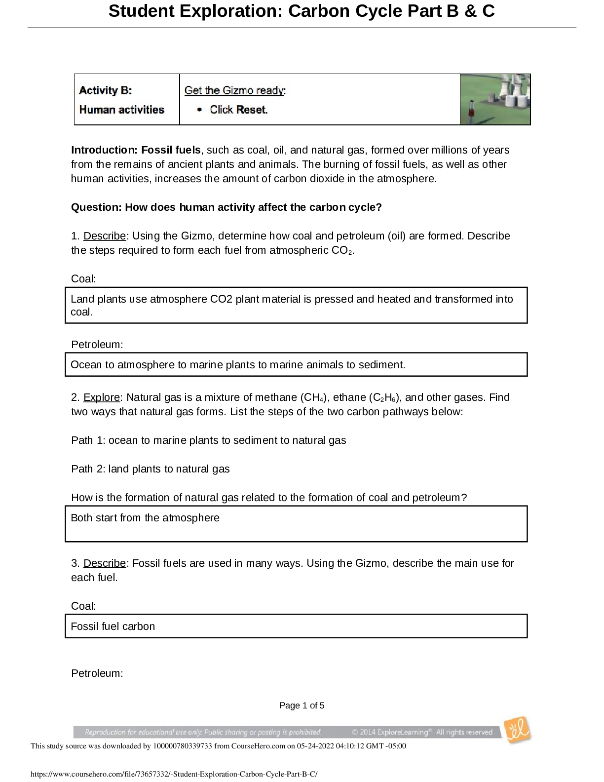 Student Exploration: Carbon Cycle Part B & C