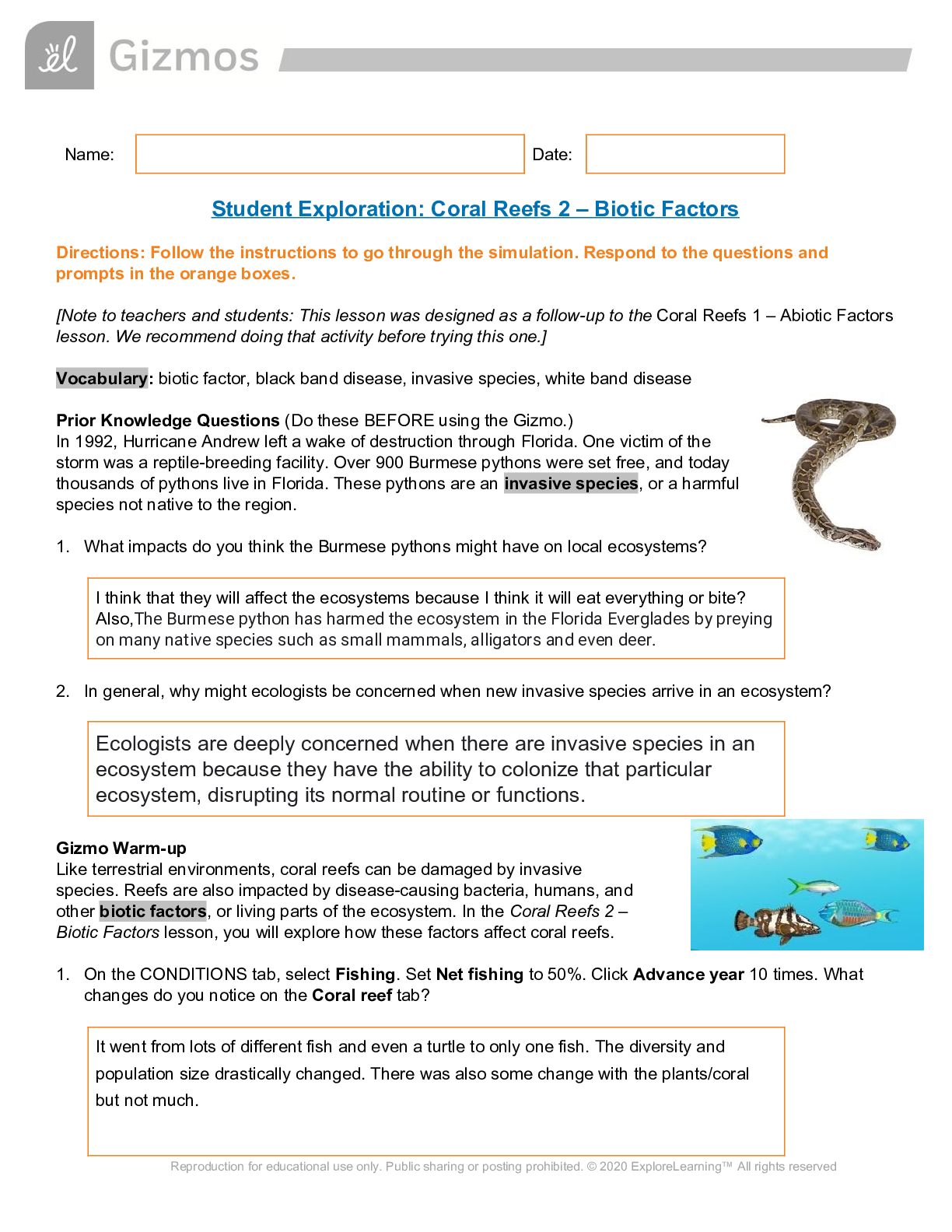 Student Exploration Coral Reefs 2 – Biotic Factors GIZMO