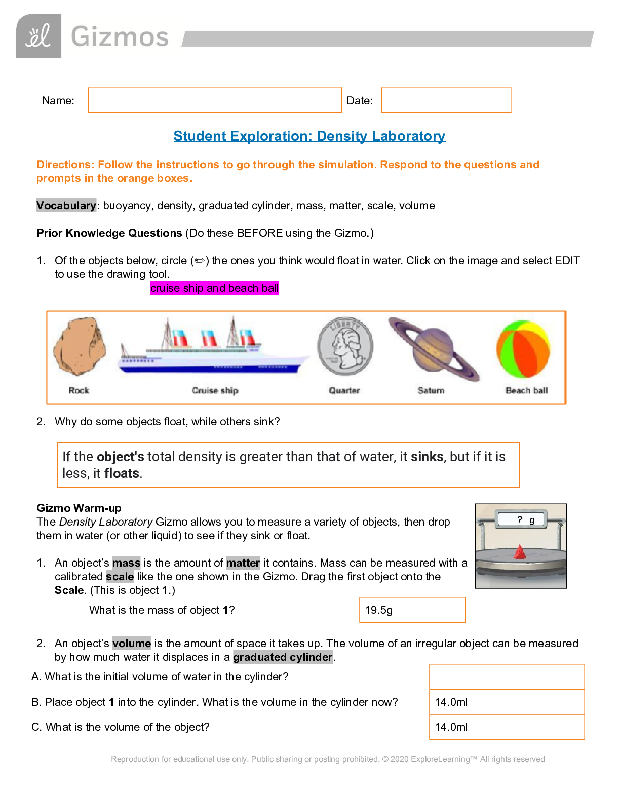 Density Laboratory Student Exploration - StudAnswers | Study Notes ...