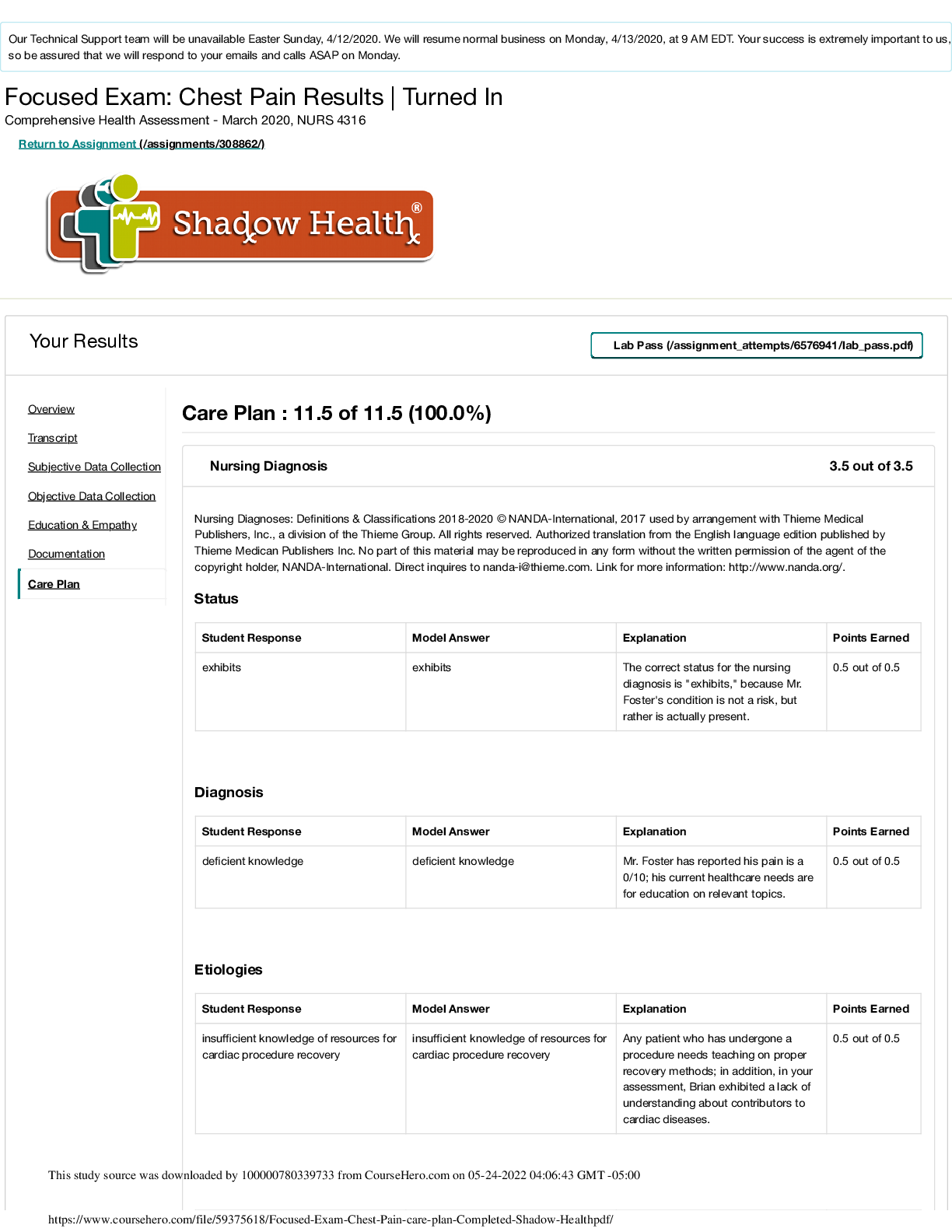 Chest Pain Care Plan completed (Focused Exam / Comprehensive Health Assessment - March 2020, NURS 4316 )