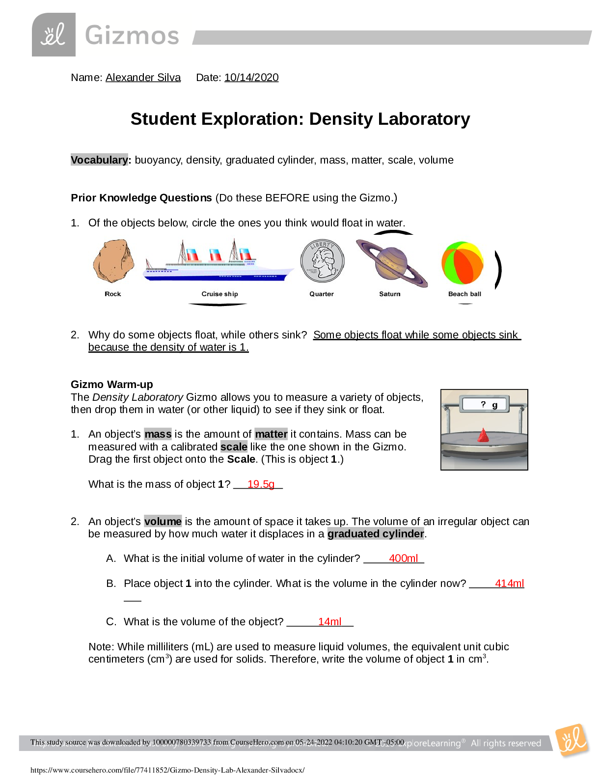 Density Laboratory Answers (Student Exploration) - StudAnswers | Study ...