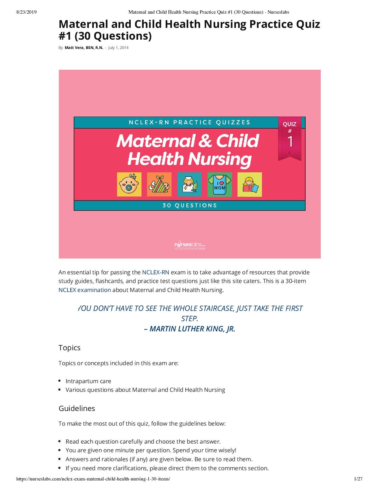 Maternal and Child Health Nursing Practice Quiz #1 (30 Questions)