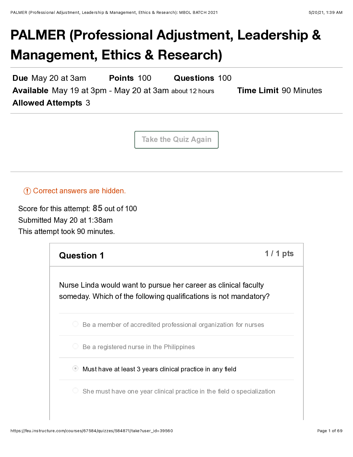 PALMER (Professional Adjustment, Leadership & Management, Ethics & Research)