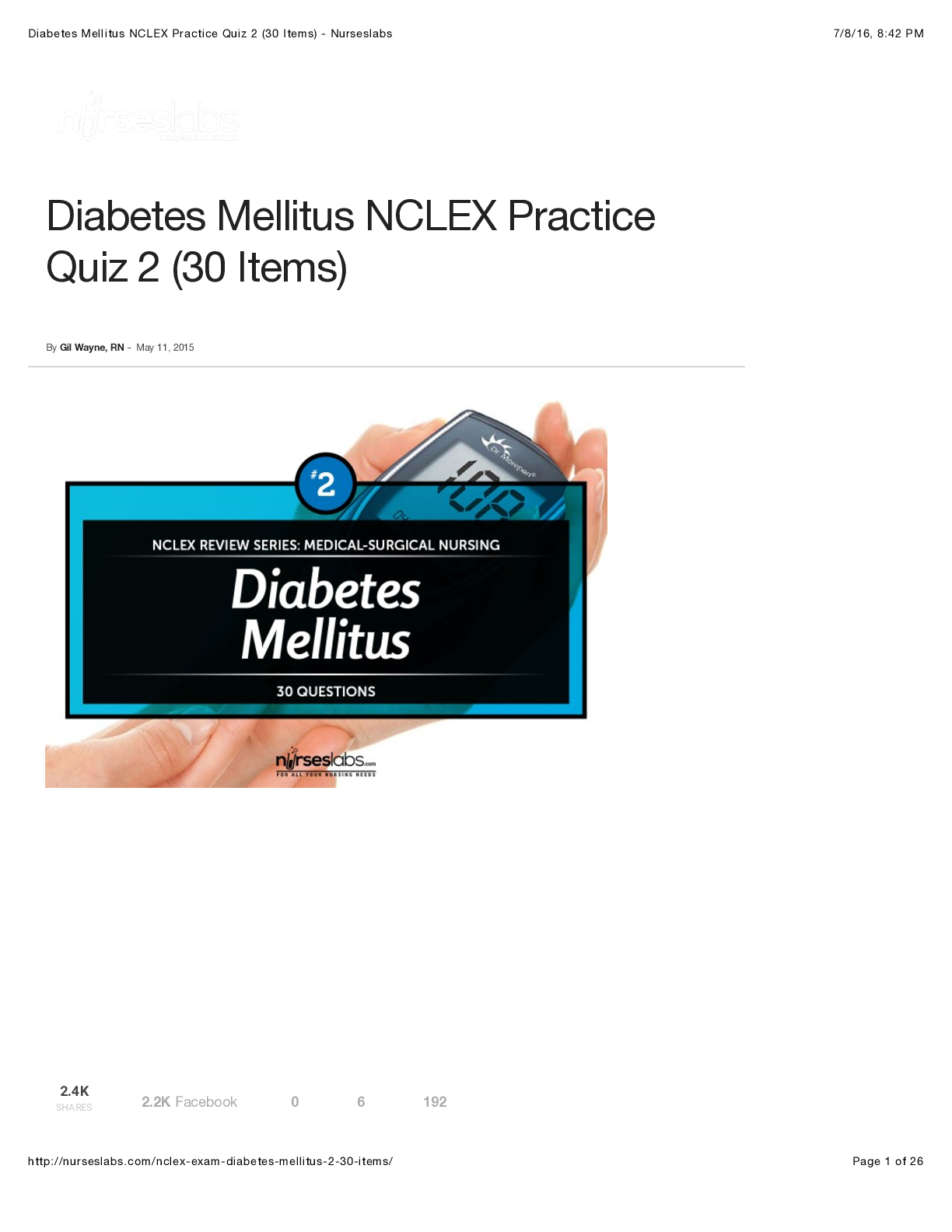 Diabetes Mellitus NCLEX Practice Quiz 2 (30 Items)