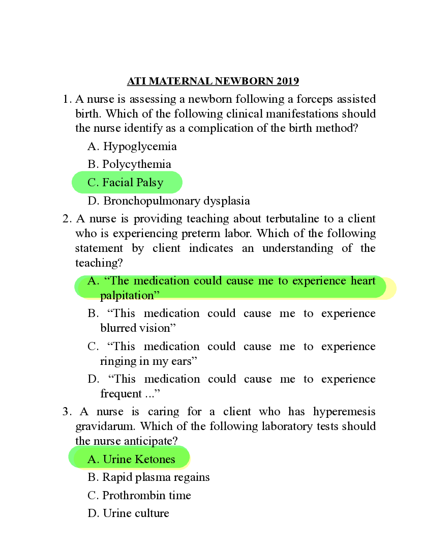 ATI MATERNAL NEWBORN 2019 (OVER 65 QUESTIONS WITH ANSWERS)