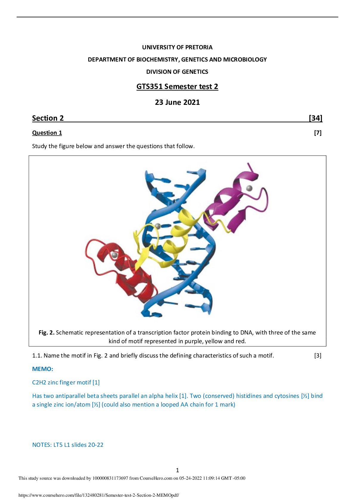 DEPARTMENT OF BIOCHEMISTRY, GENETICS AND MICROBIOLOGY DIVISION OF GENETICS GTS351 Semester test 2