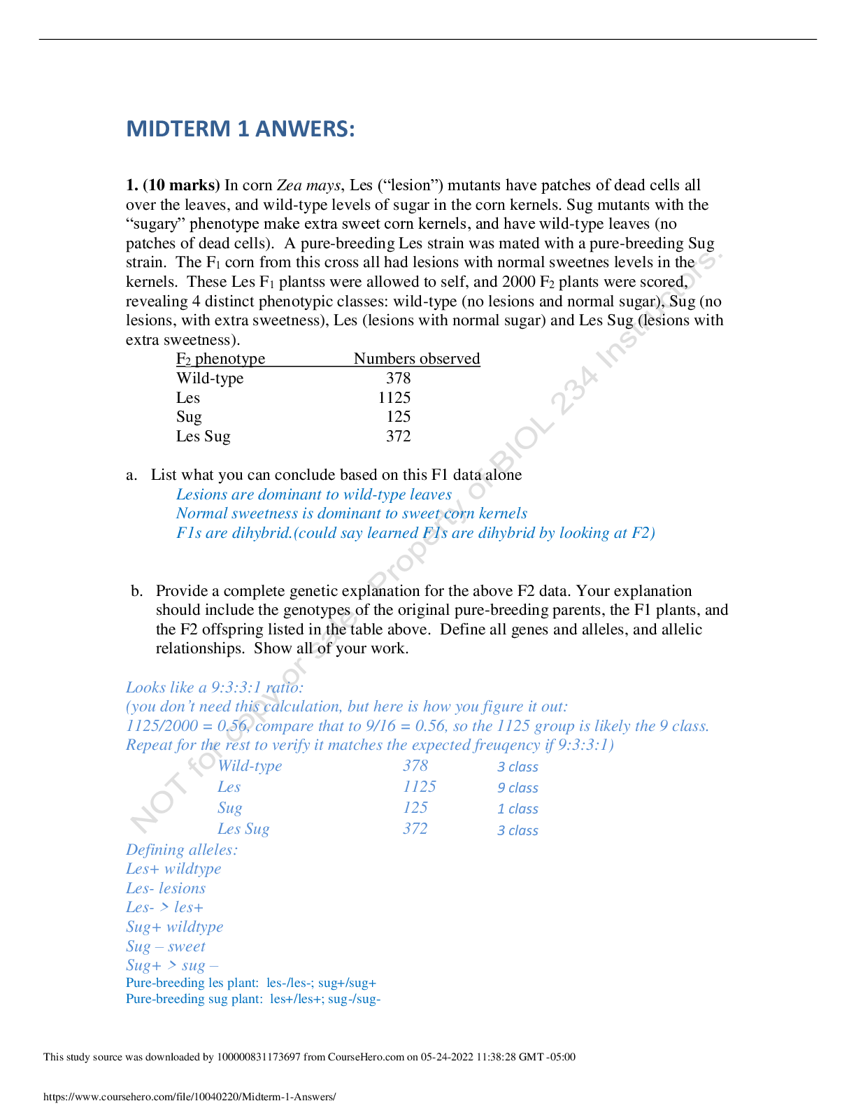 MIDTERM 1 : BIOL 234 ,ANSWERS