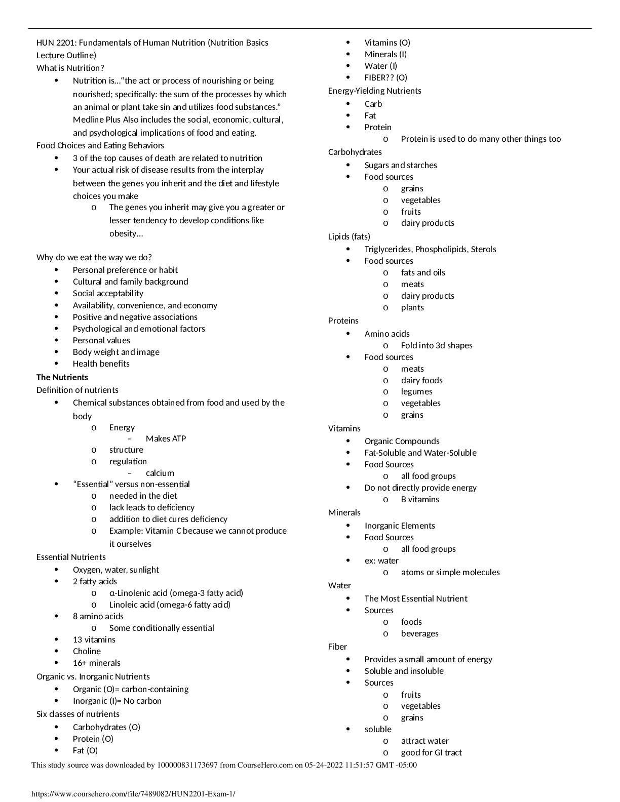 HUN 2201: Fundamentals of Human Nutrition (Nutrition Basics Lecture Outline)