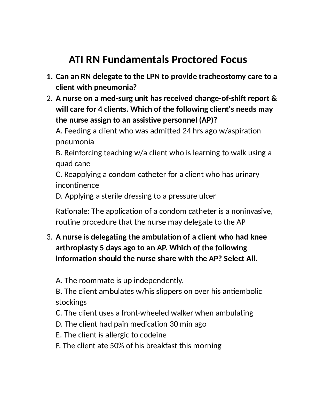 Nr 324 ATI RN Fundamentals Proctored Focus : EXAM review