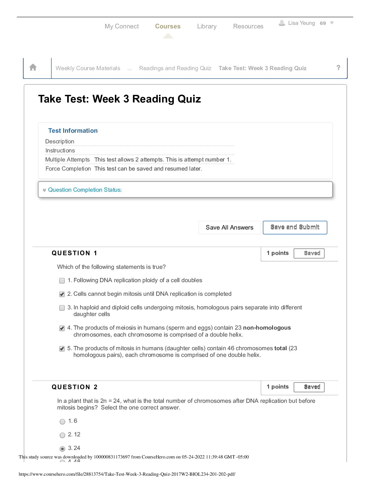 BIO 234 ,Take Test: Week 3 Reading Quiz