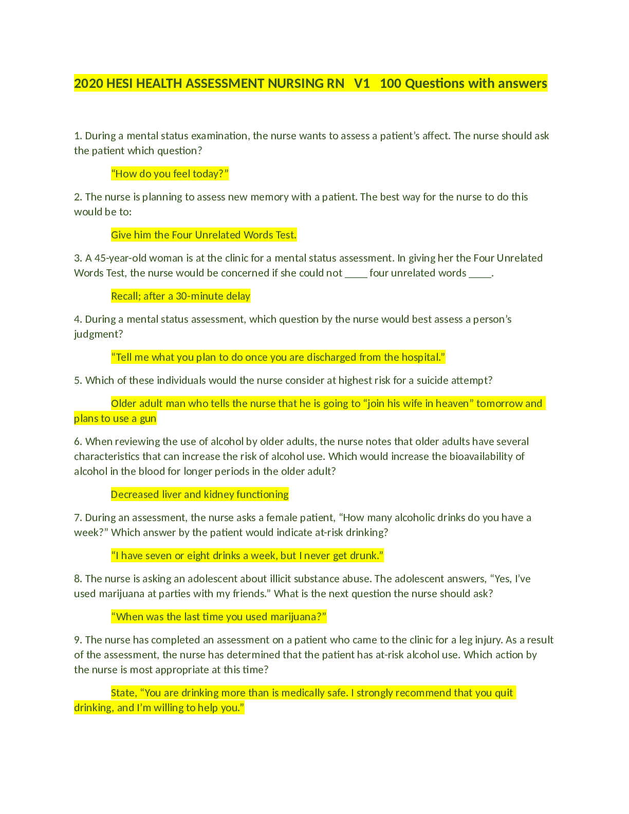 HESI HEALTH ASSESSMENT NURSING RN V1 2020  (100 Questions with answers)