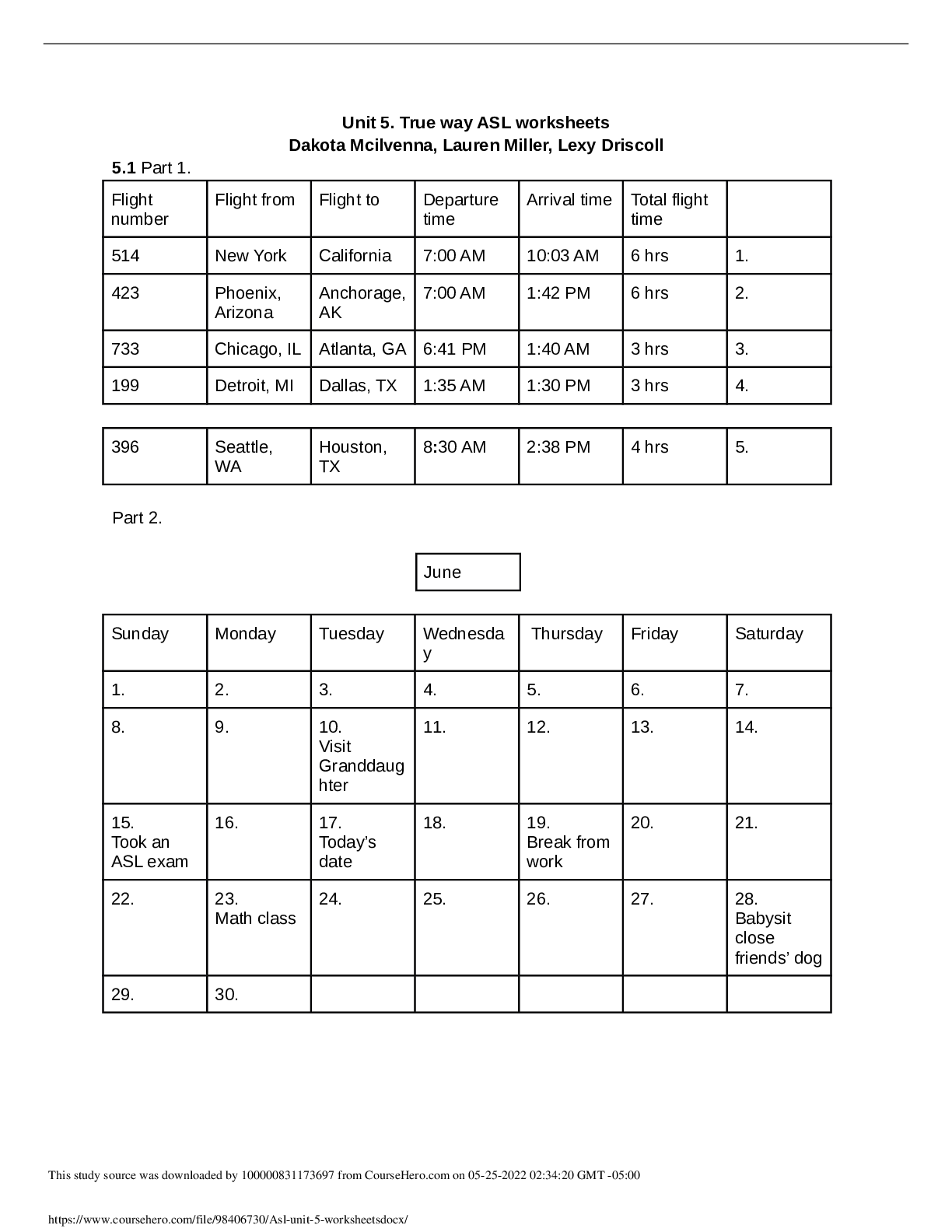 Unit 5. True way ASL worksheets