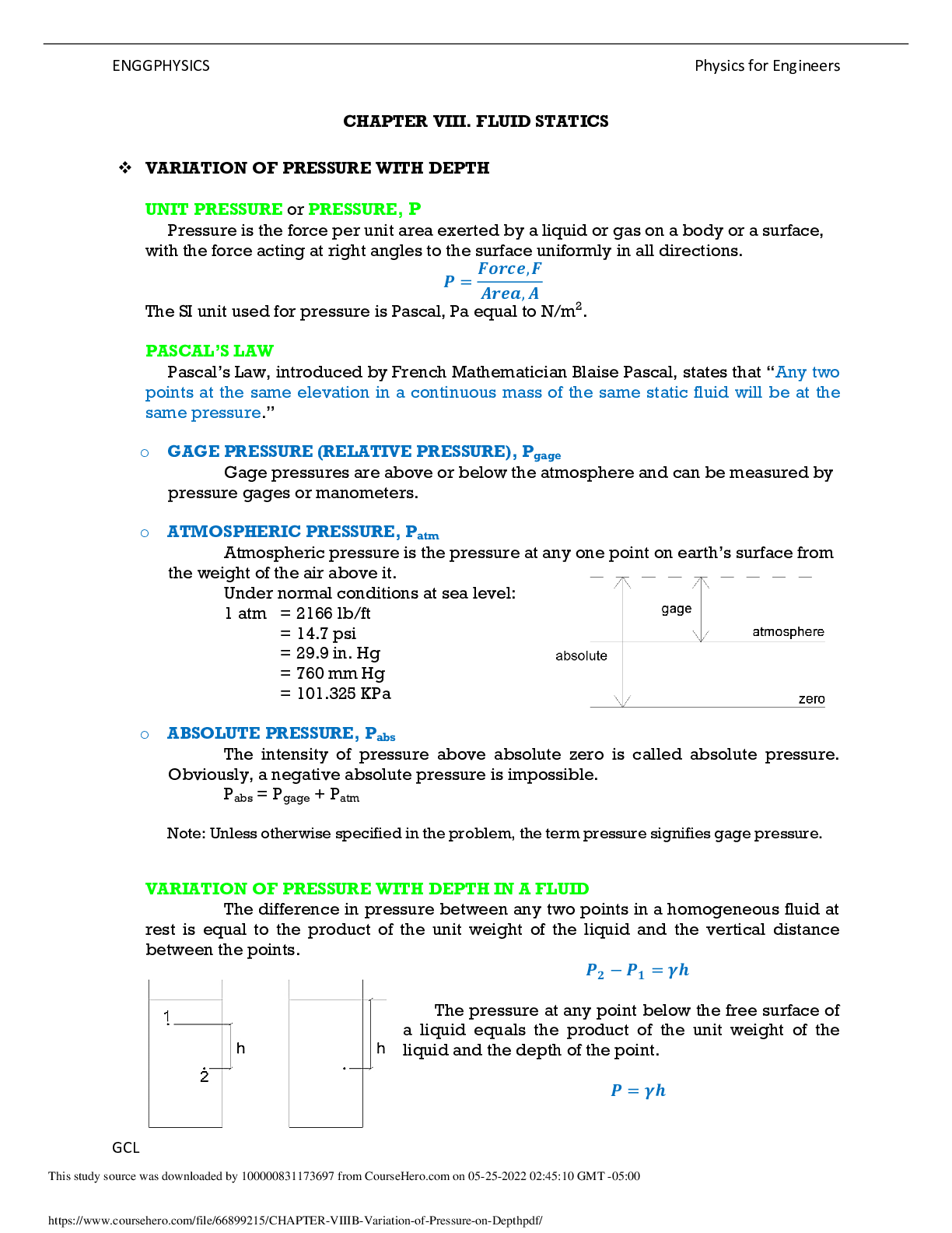 ENGGPHYSICS , GCL CHAPTER VIII. FLUID STATICS