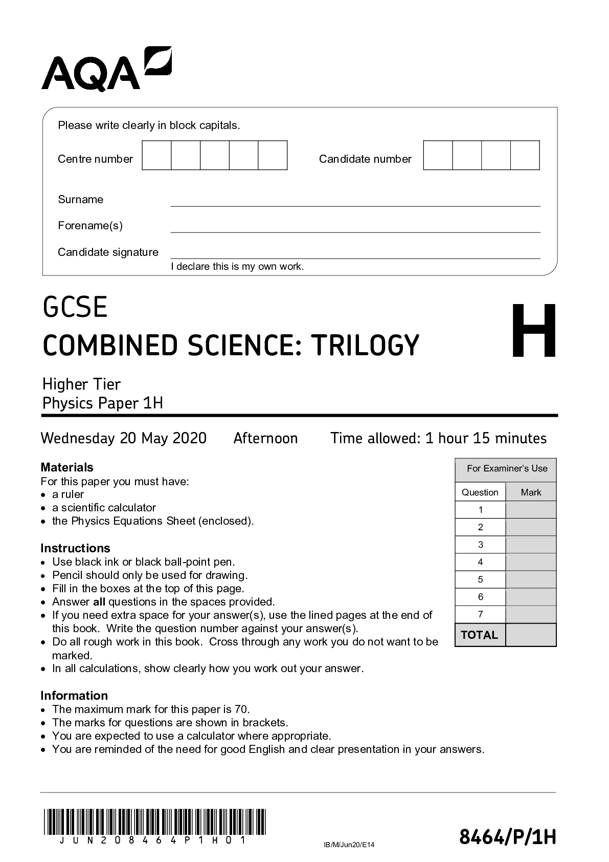 GCSE COMBINED SCIENCE: TRILOGY Higher Tier Physics Paper 1H : QUESTIONS