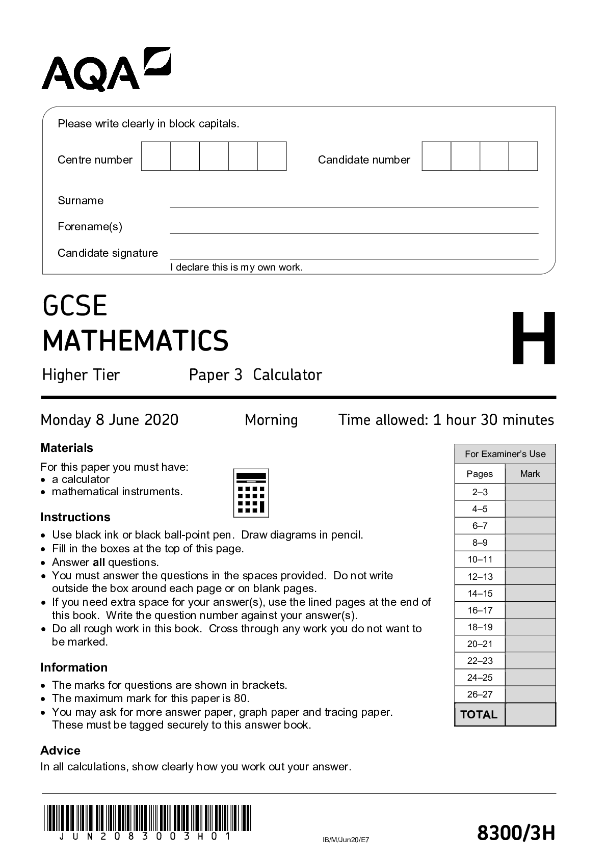 GCSE MATHEMATICS Higher Tier Paper 3