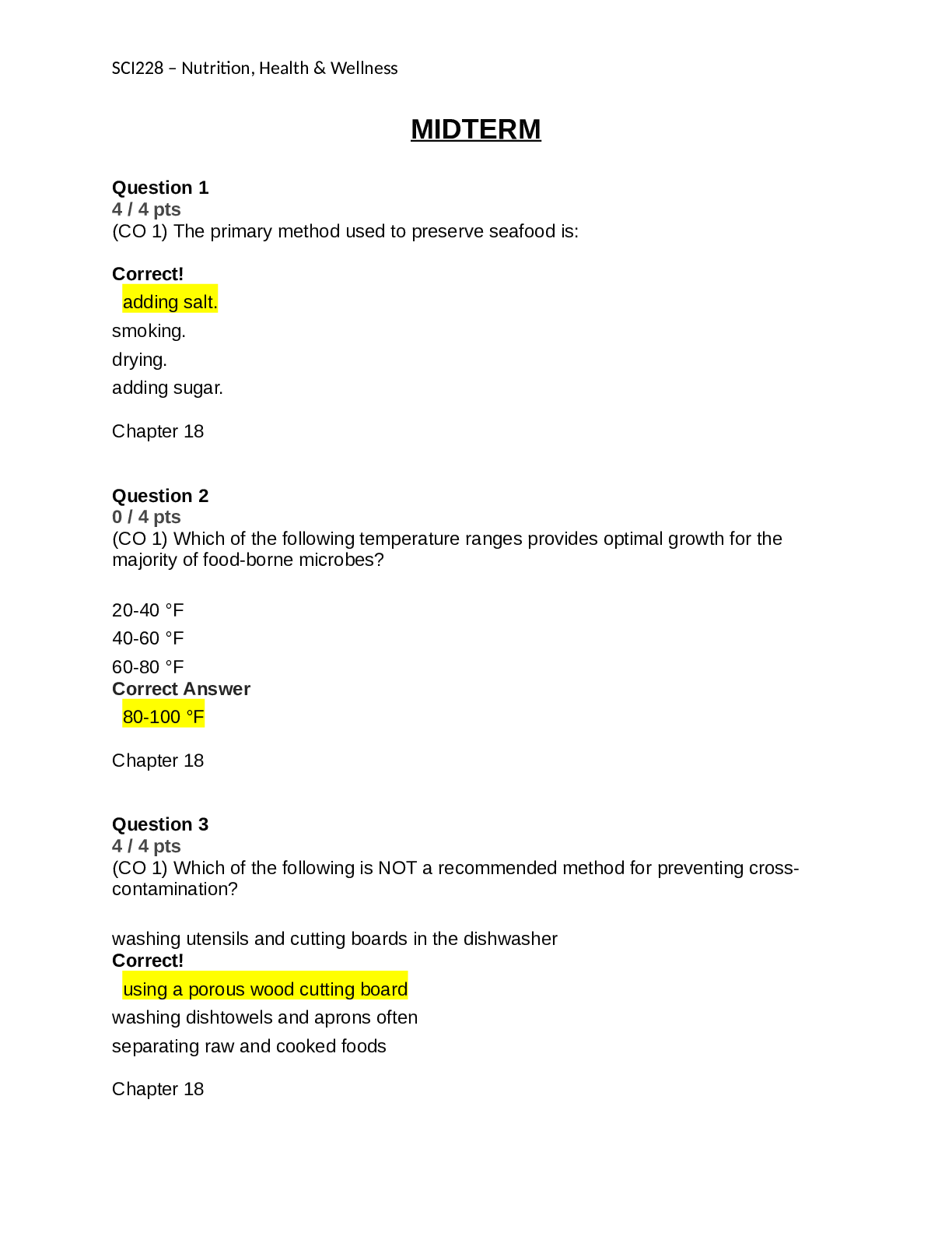 SCI228 – Nutrition, Health & Wellness MIDTERM results