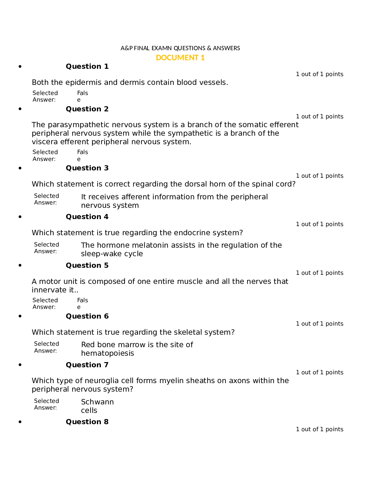 HUMAN ANAT MA278/BSC2/ A&P FINAL EXAMN QUESTIONS & ANSWERS