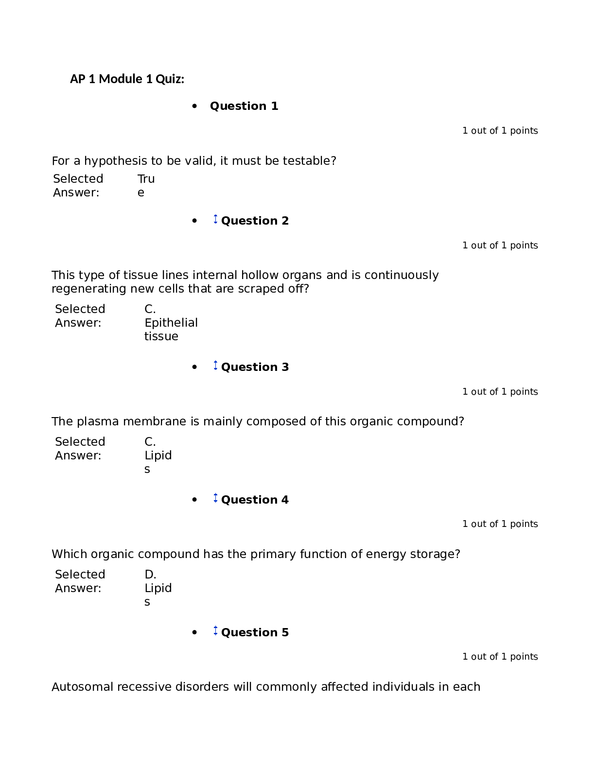 AP 1 Module 1- 10 Quizzes: Questions & Answers
