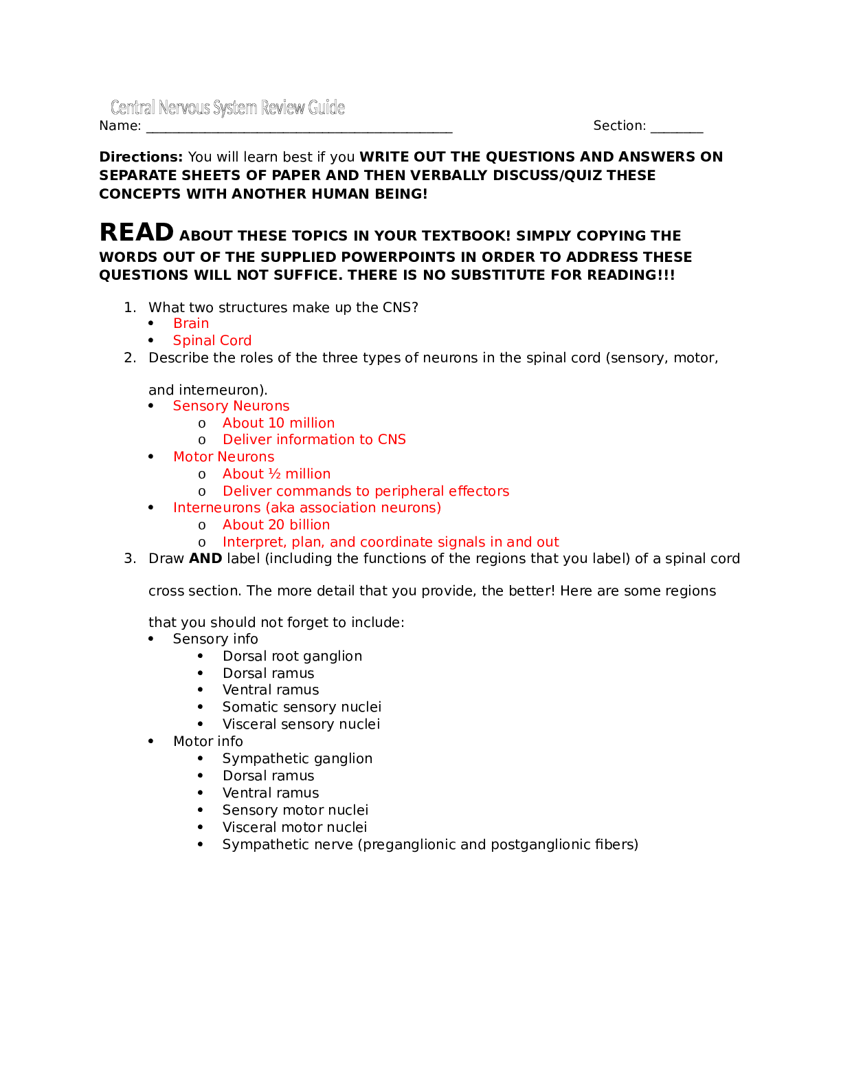 Central Nervous System Review Guide: quiz and solutions