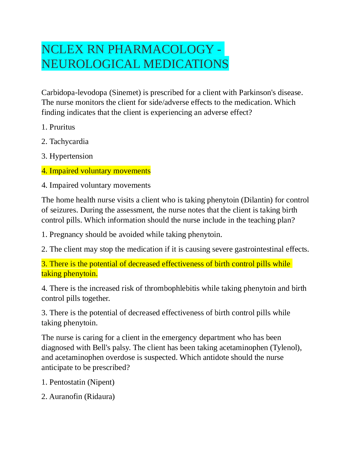 NCLEX RN PHARMACOLOGY - NEUROLOGICAL MEDICATIONS /  FINAL EXAM STUDY GUIDE